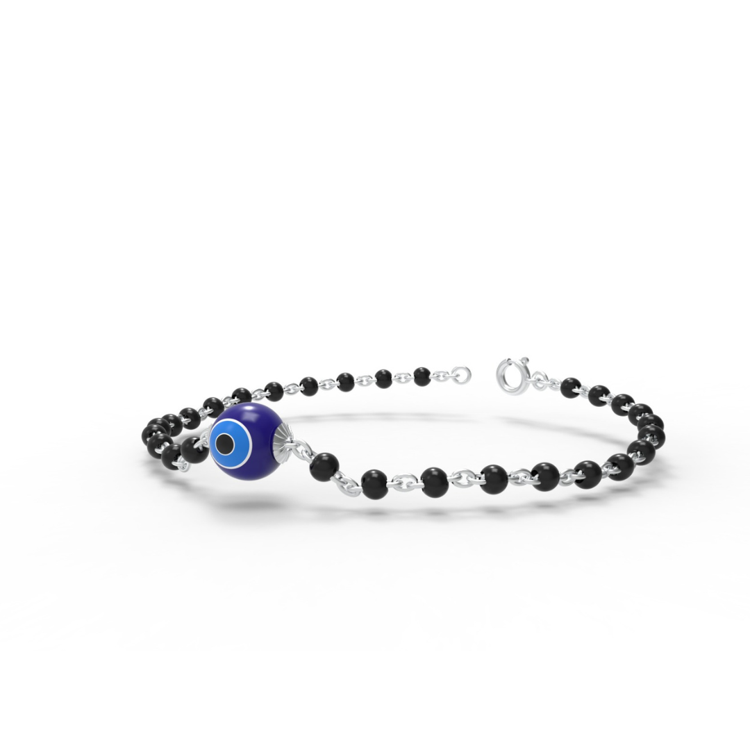 Sterling Silver Black Bead Evil Eye Bracelet