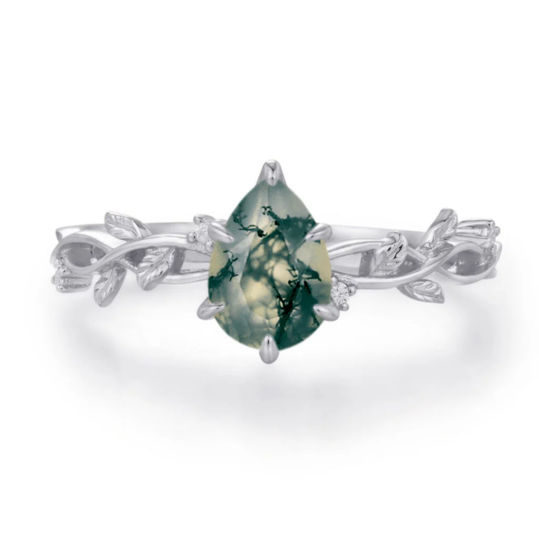 Sterling Silver Pear Leaves Moss Agate Ring