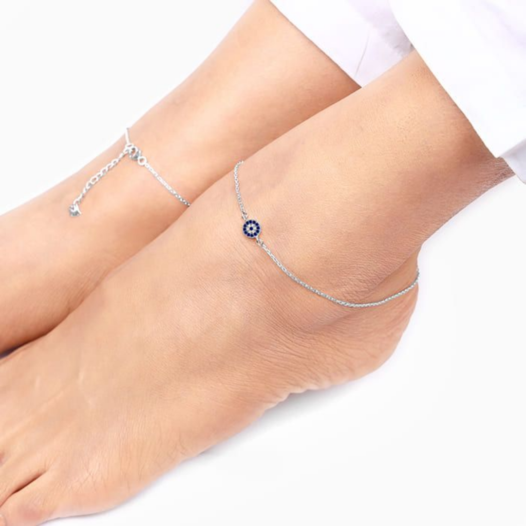 925 Sterling Silver Gem Evil Eye Anklet – Adjustable Nazar Protection