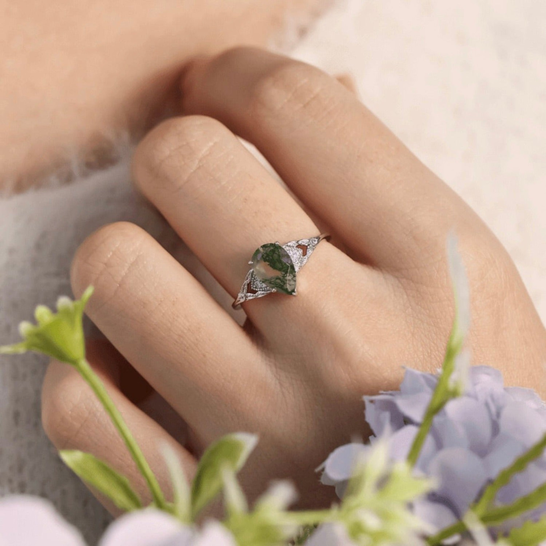 Silver Semi  Precious Emerald Pear Ring
