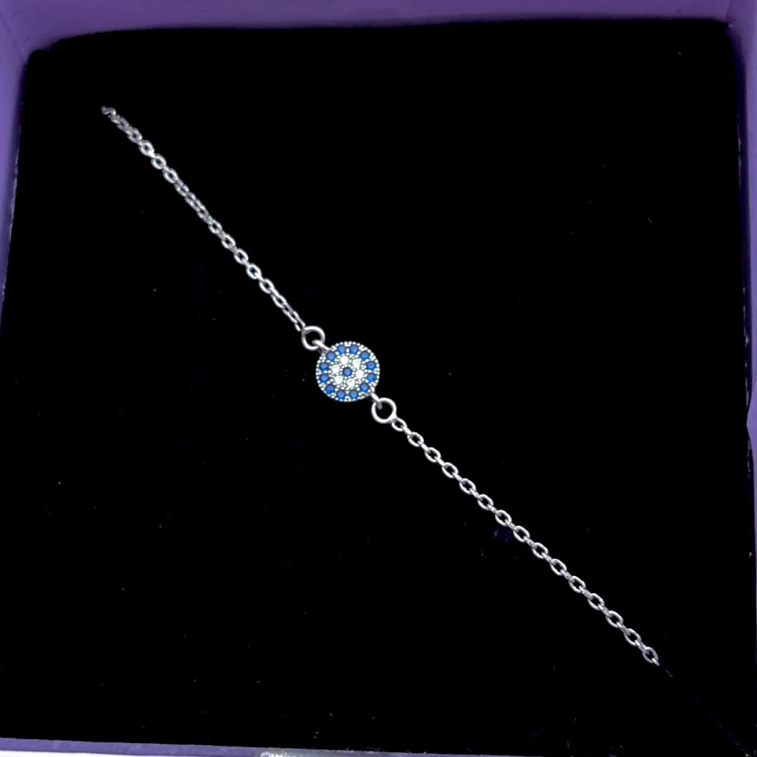 925 Sterling Silver Gem Evil Eye Anklet – Adjustable Nazar Protection