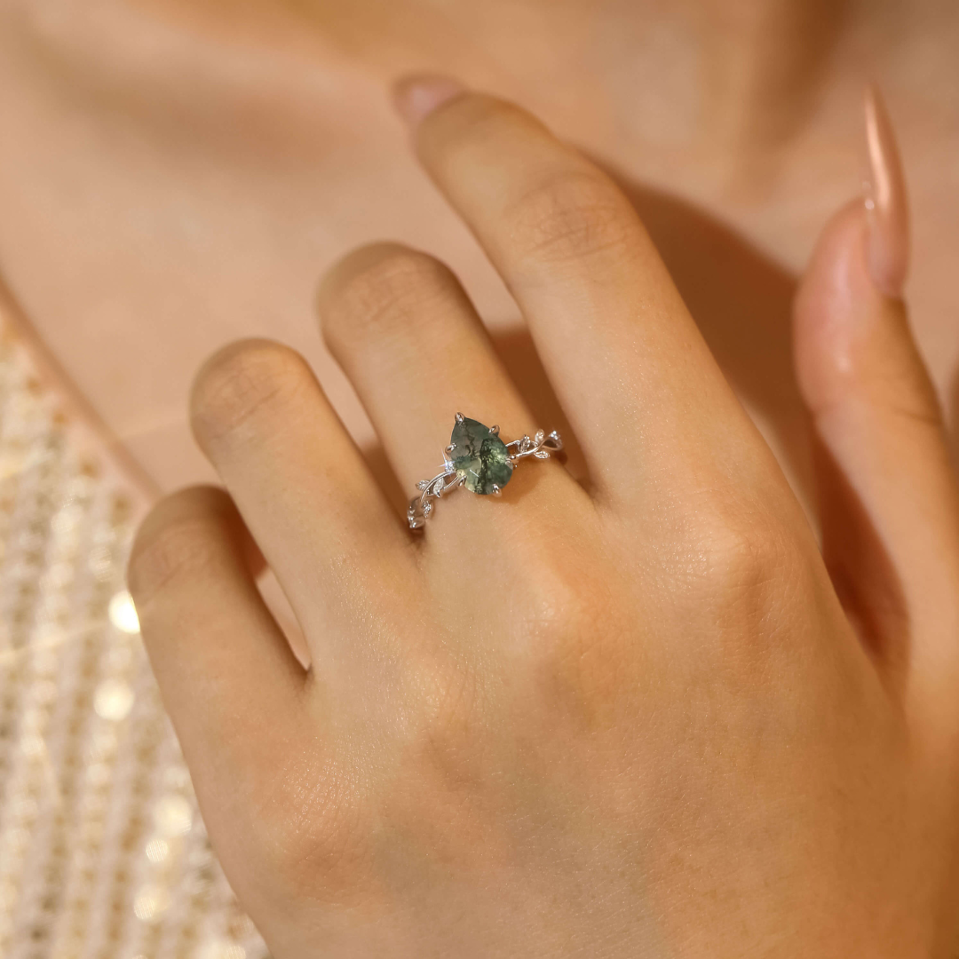 Sterling Silver Pear Leaves Moss Agate Ring