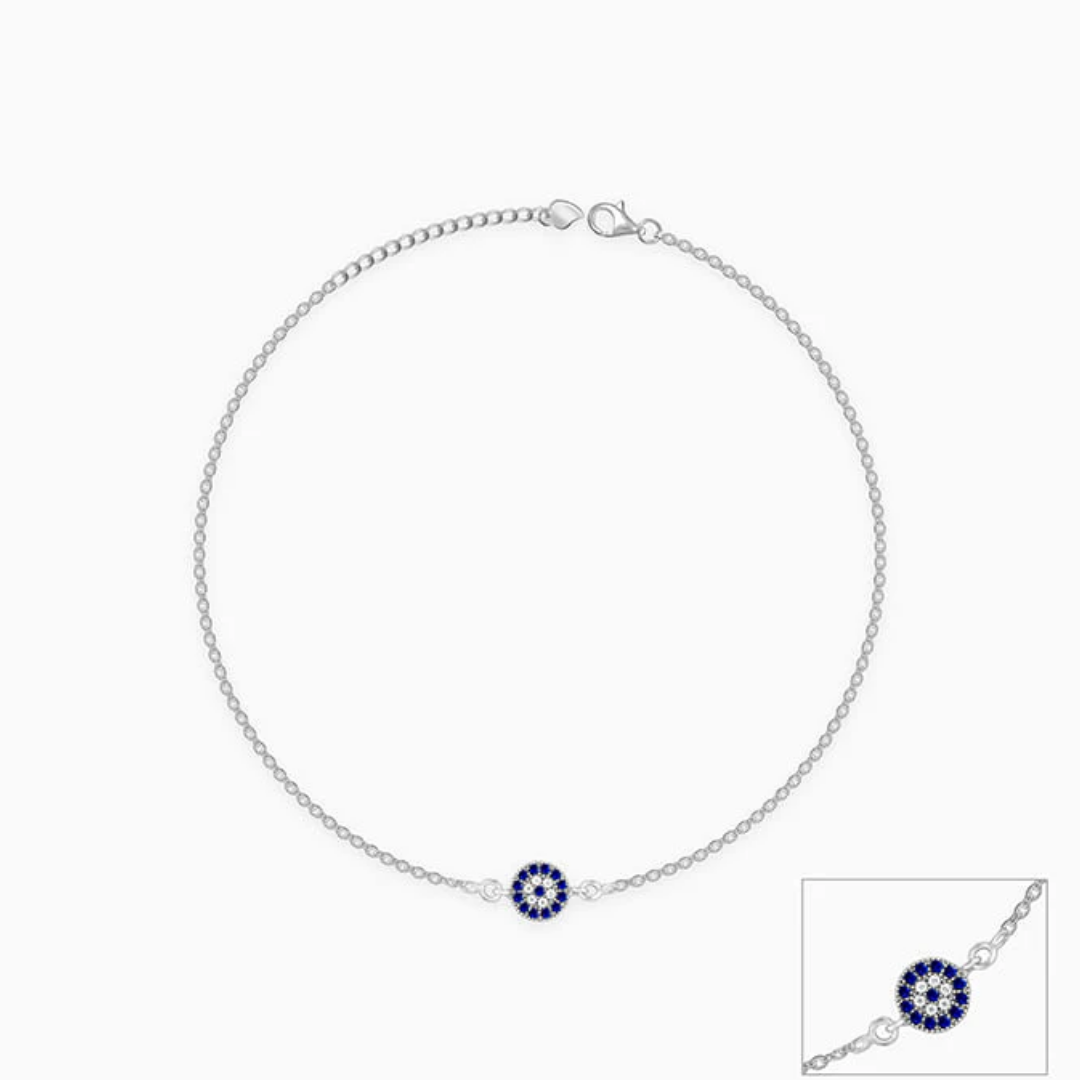 925 Sterling Silver Gem Evil Eye Anklet – Adjustable Nazar Protection