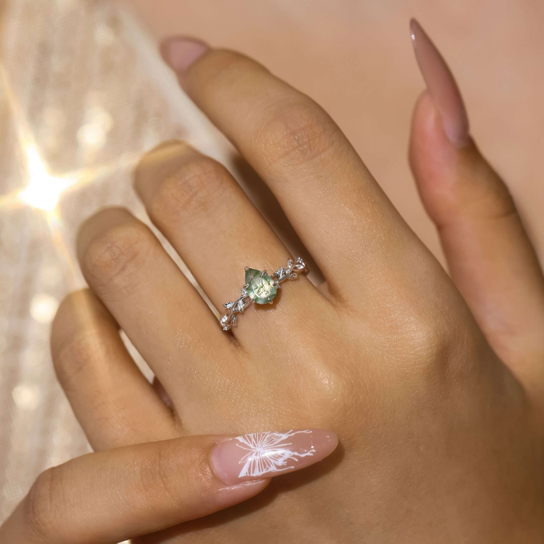 Sterling Silver Pear Leaves Moss Agate Ring