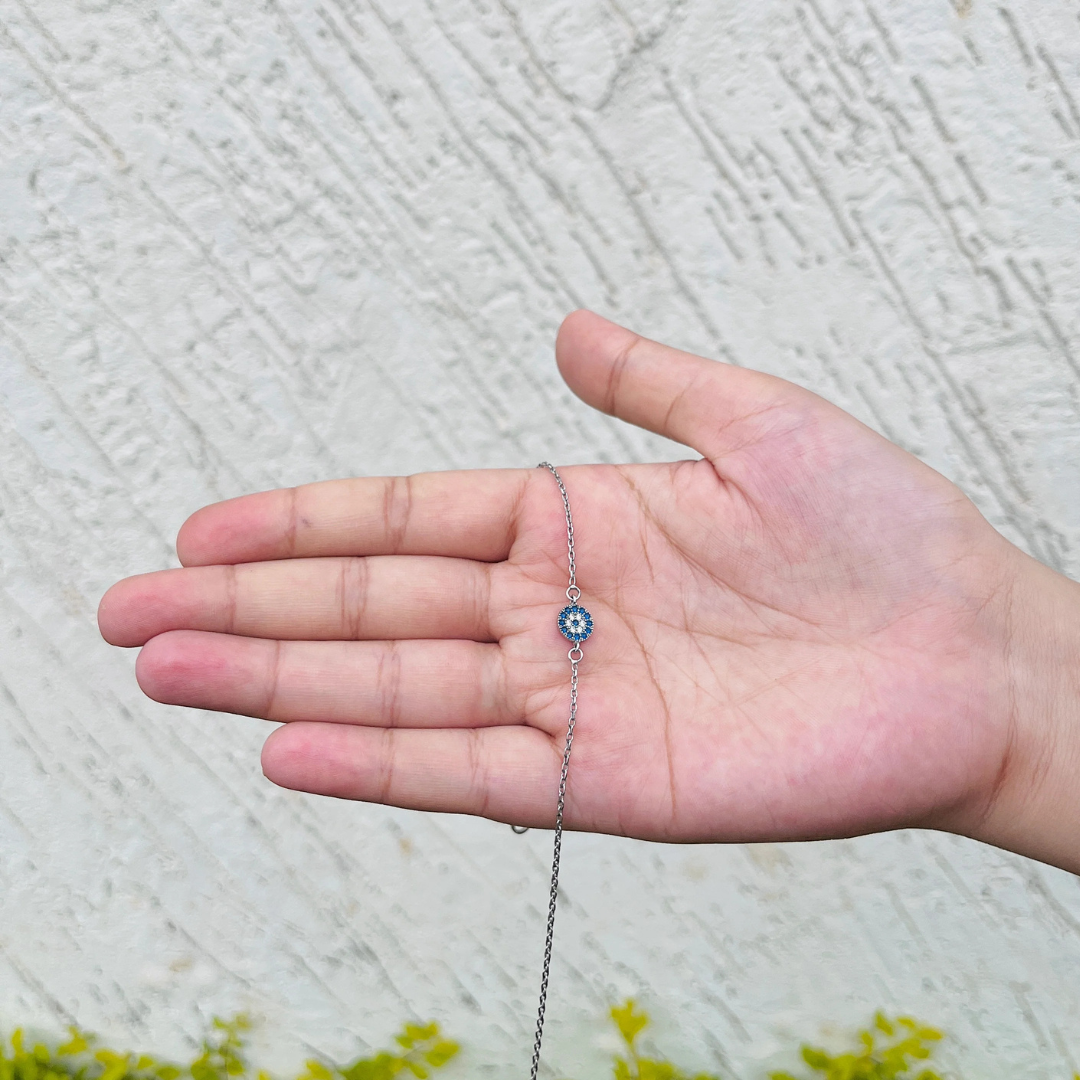 925 Sterling Silver Gem Evil Eye Anklet – Adjustable Nazar Protection