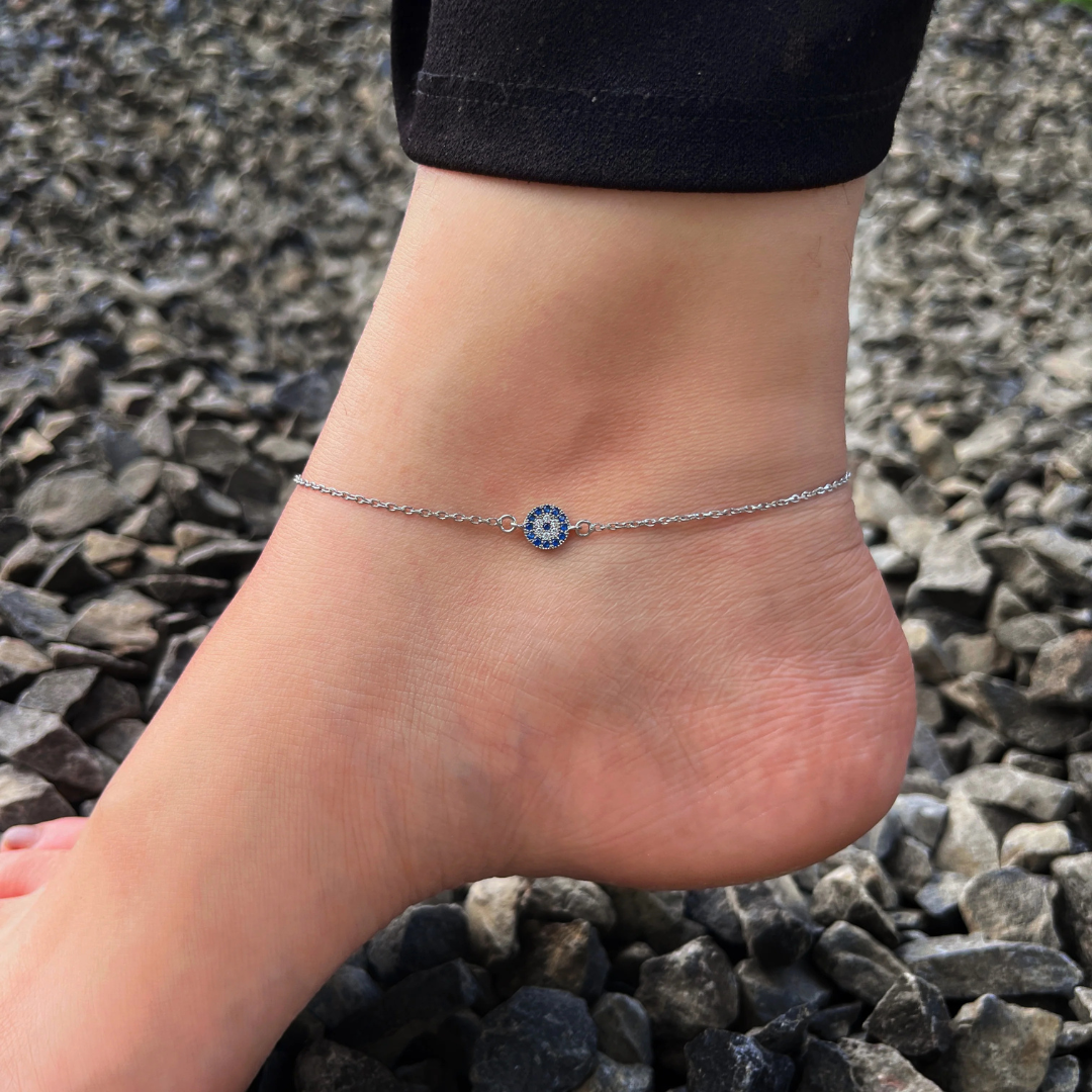 925 Sterling Silver Gem Evil Eye Anklet – Adjustable Nazar Protection