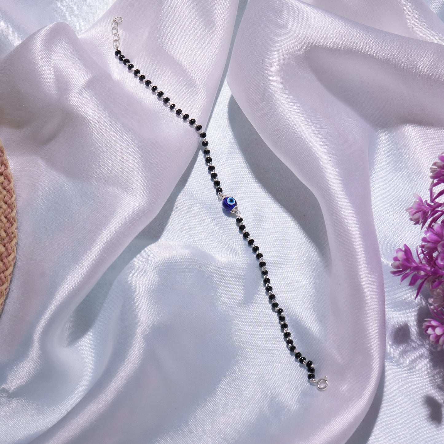 Sterling Silver Black Bead Evil Eye Bracelet