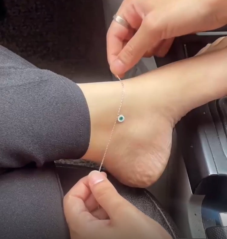 925 Sterling Silver Evil Eye Anklet – Adjustable Nazar Protection