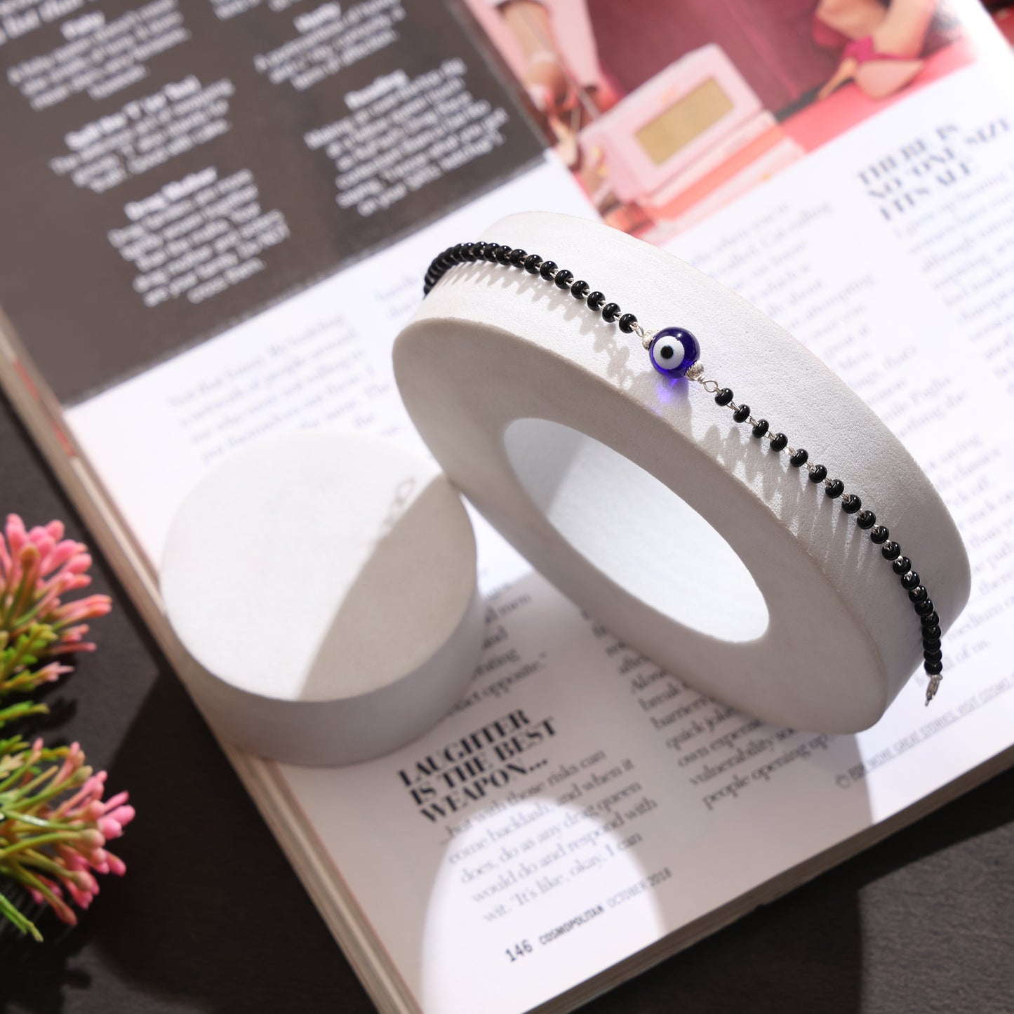 Sterling Silver Black Bead Evil Eye Bracelet