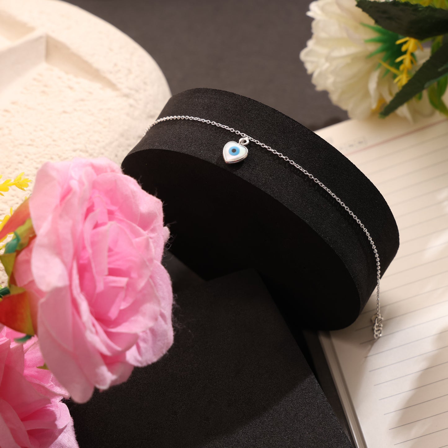 Sterling Silver Evil Eye Heart Anklet