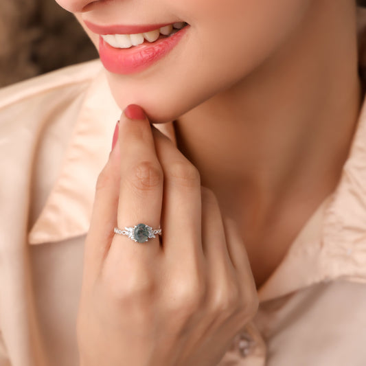 Silver Semi Precious Emerald OSS Ring