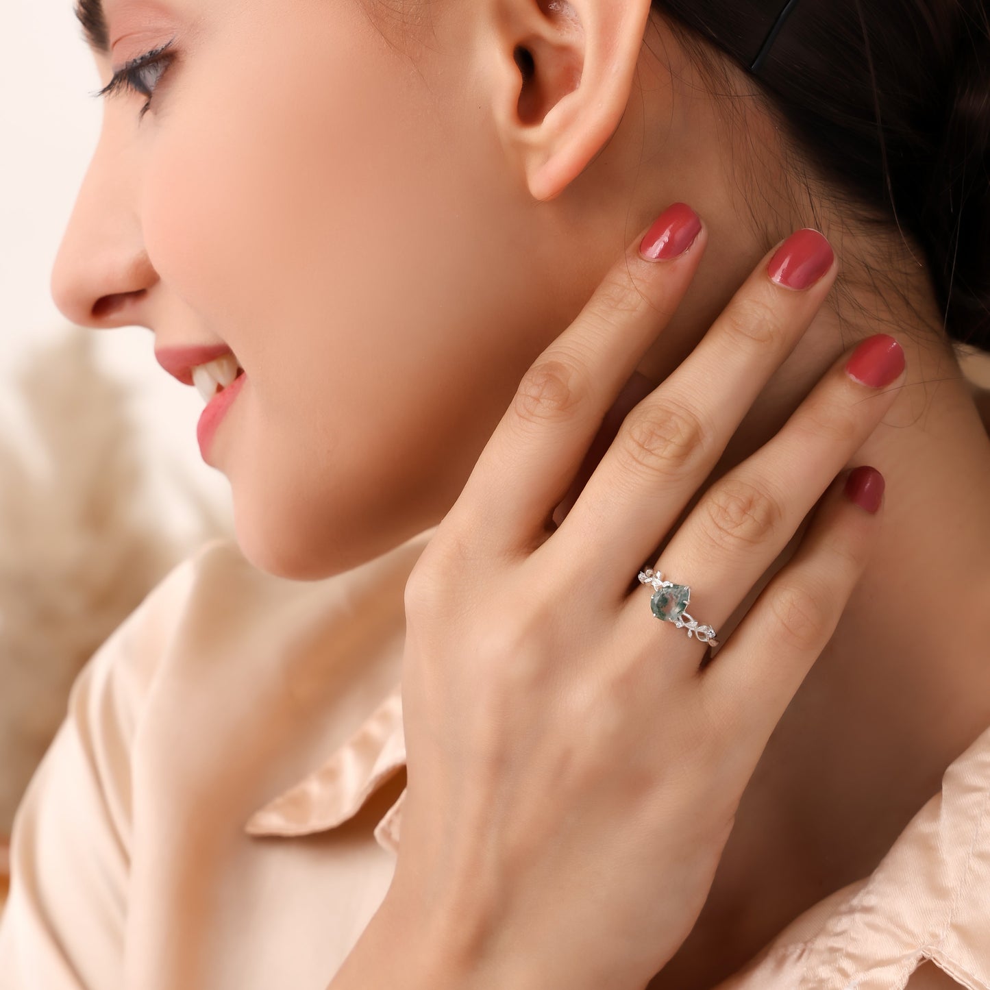 Sterling Silver Pear Leaves Moss Agate Ring