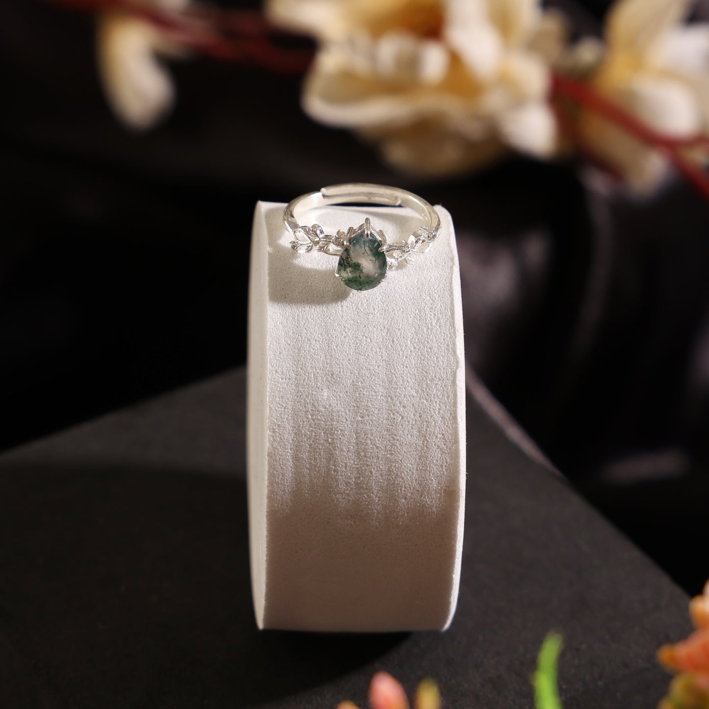 Sterling Silver Pear Leaves Moss Agate Ring