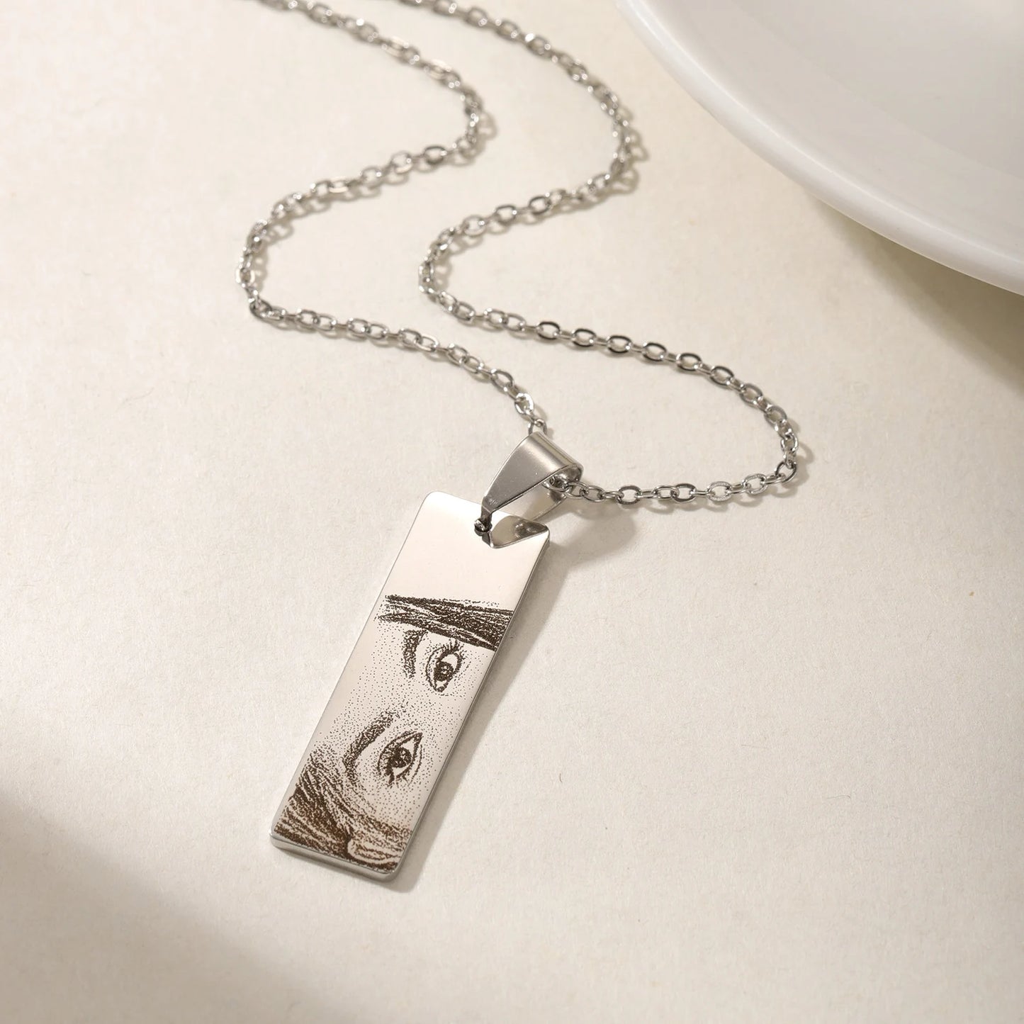 Sterling Silver Custom Photo & Eye‑Engraved Bar Necklace – Personalised Gift